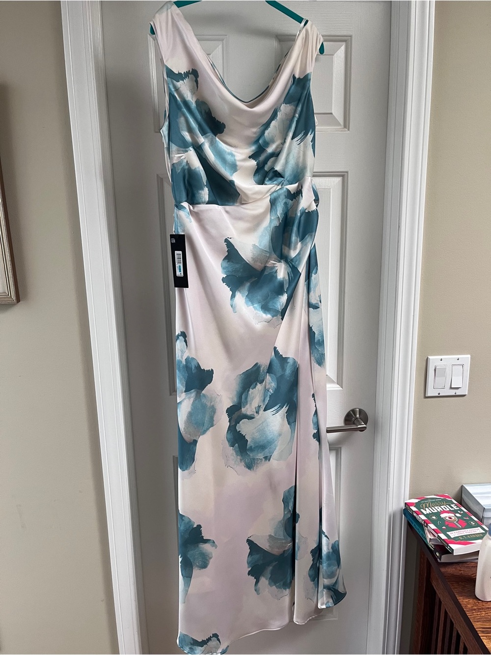 Donna Karan Teal Floral Cowl-Neck Maxi Dress